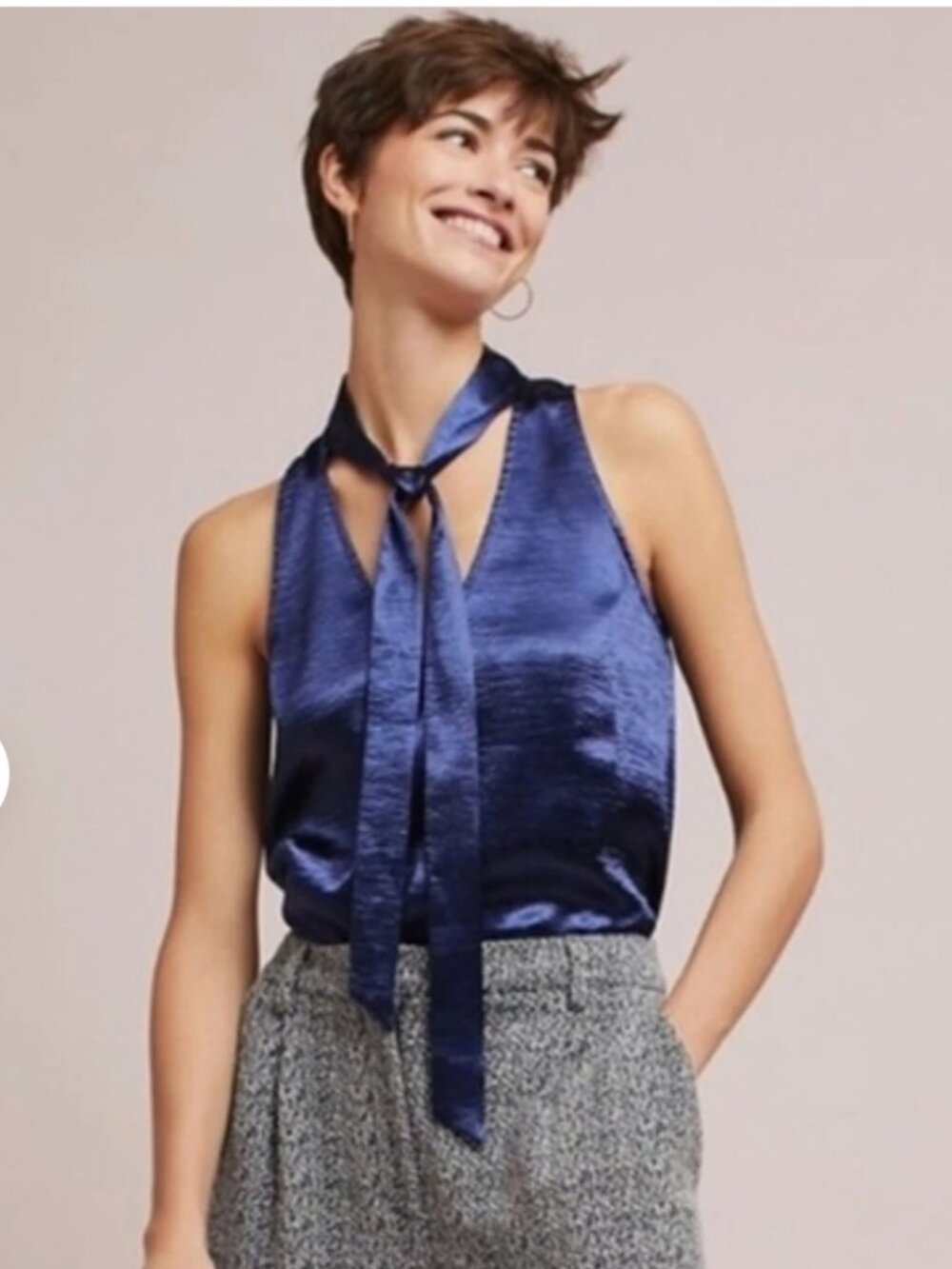 Maeve for Anthropologie Silky Blue Tie-Neck Swing Blouse